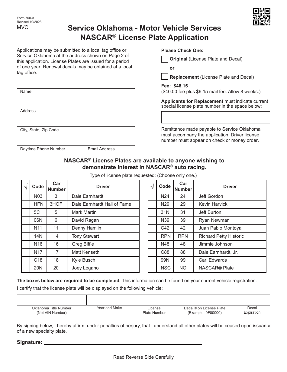Form 708-A Nascar License Plate Application - Oklahoma, Page 1