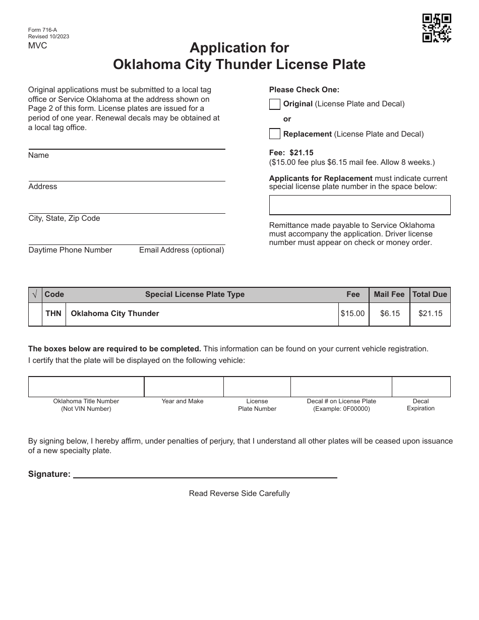 Form 716-A Application for Oklahoma City Thunder License Plate - Oklahoma, Page 1