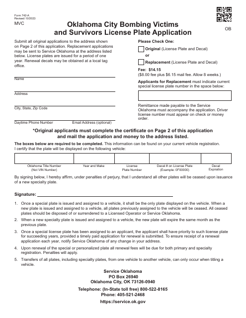 Form 742-A Oklahoma City Bombing Victims and Survivors License Plate Application - Oklahoma