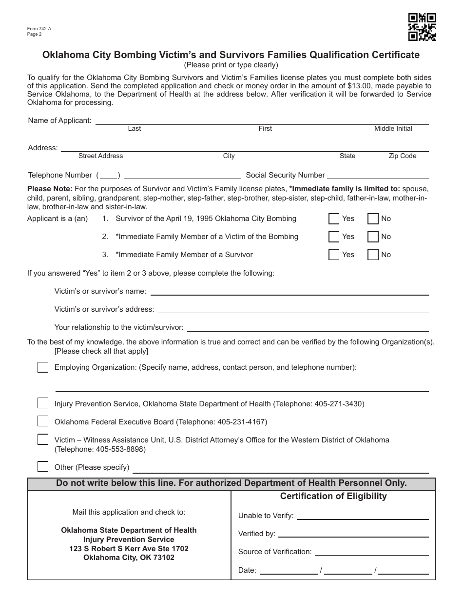 Form 742-A Oklahoma City Bombing Victims and Survivors License Plate Application - Oklahoma, Page 2