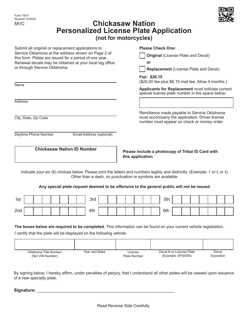 Form 750-F Chickasaw Nation Personalized License Plate Application (Not for Motorcycles) - Oklahoma, Page 1