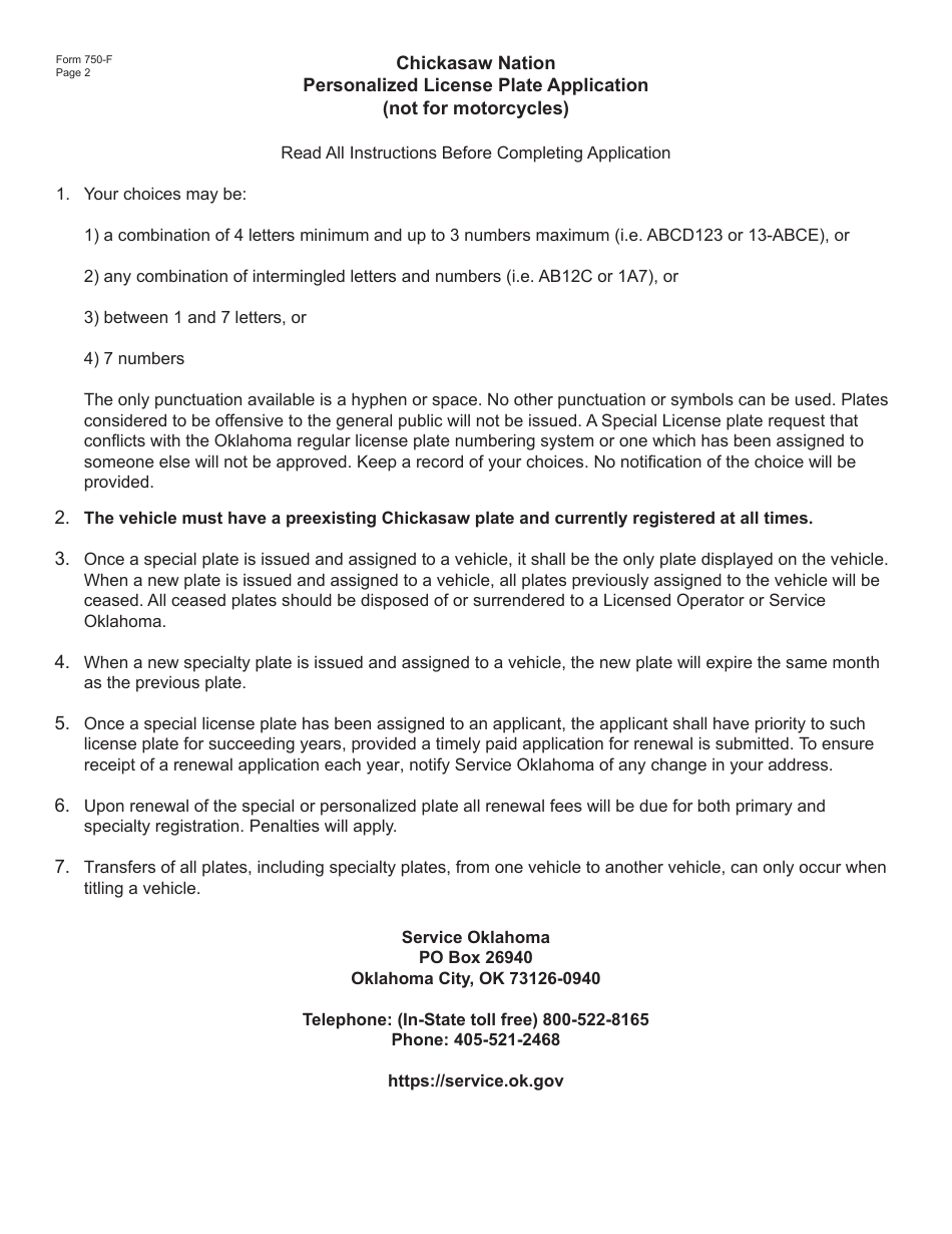 Form 750-F Chickasaw Nation Personalized License Plate Application (Not for Motorcycles) - Oklahoma, Page 2