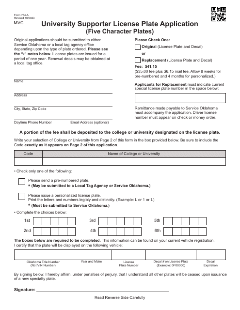 Form 734-A  Printable Pdf