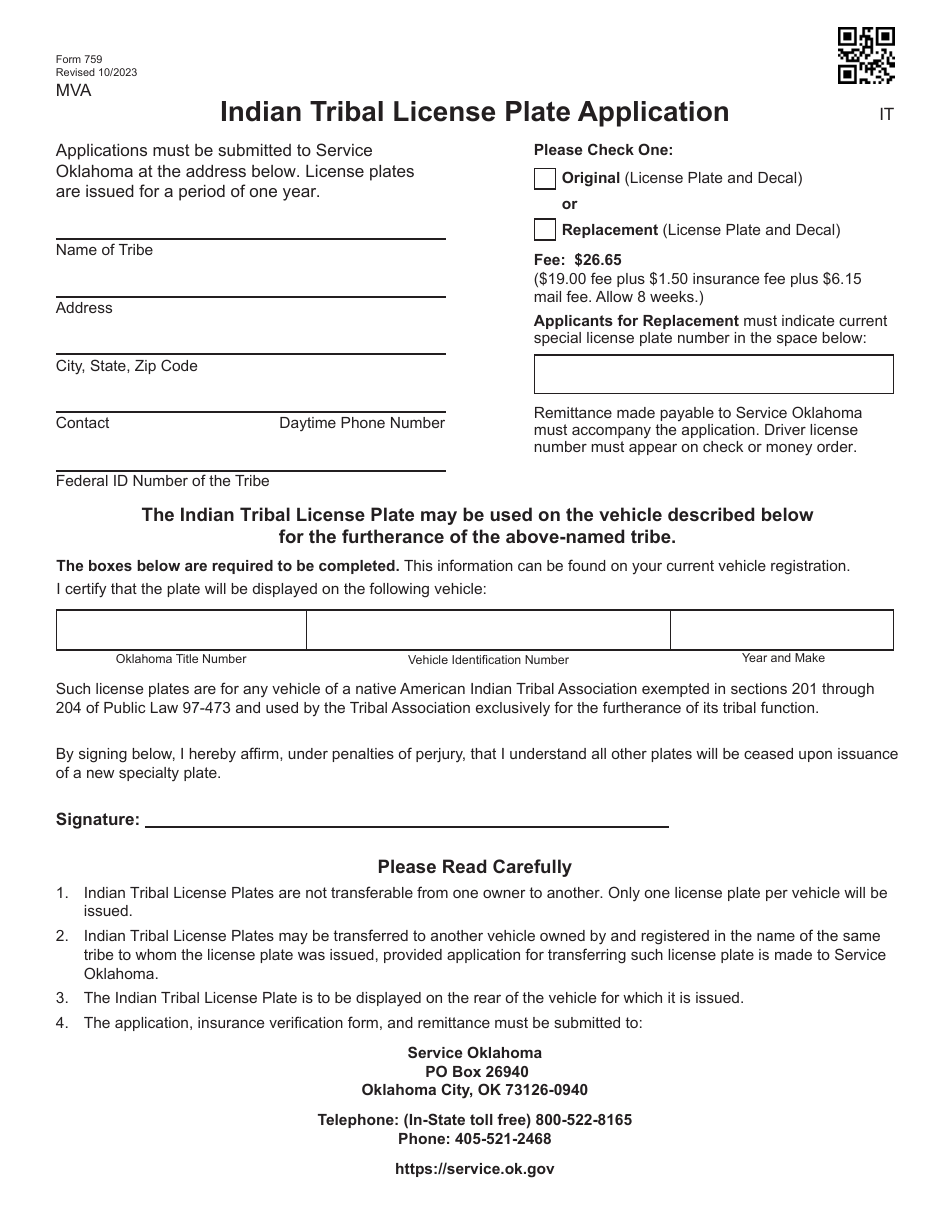 Form 759 Indian Tribal License Plate Application - Oklahoma, Page 1