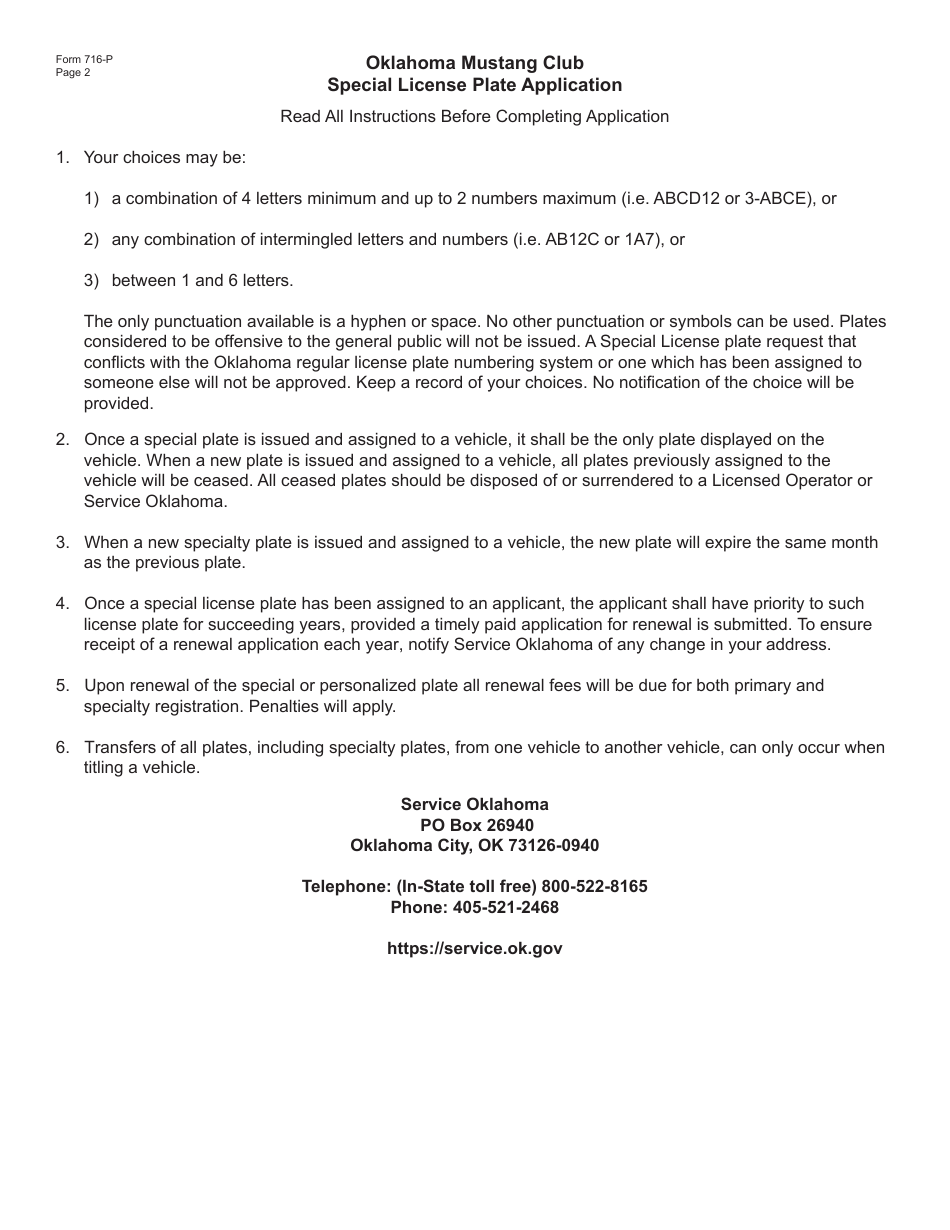 Form 716-P Oklahoma Mustang Club Special License Plate Application - Oklahoma, Page 2