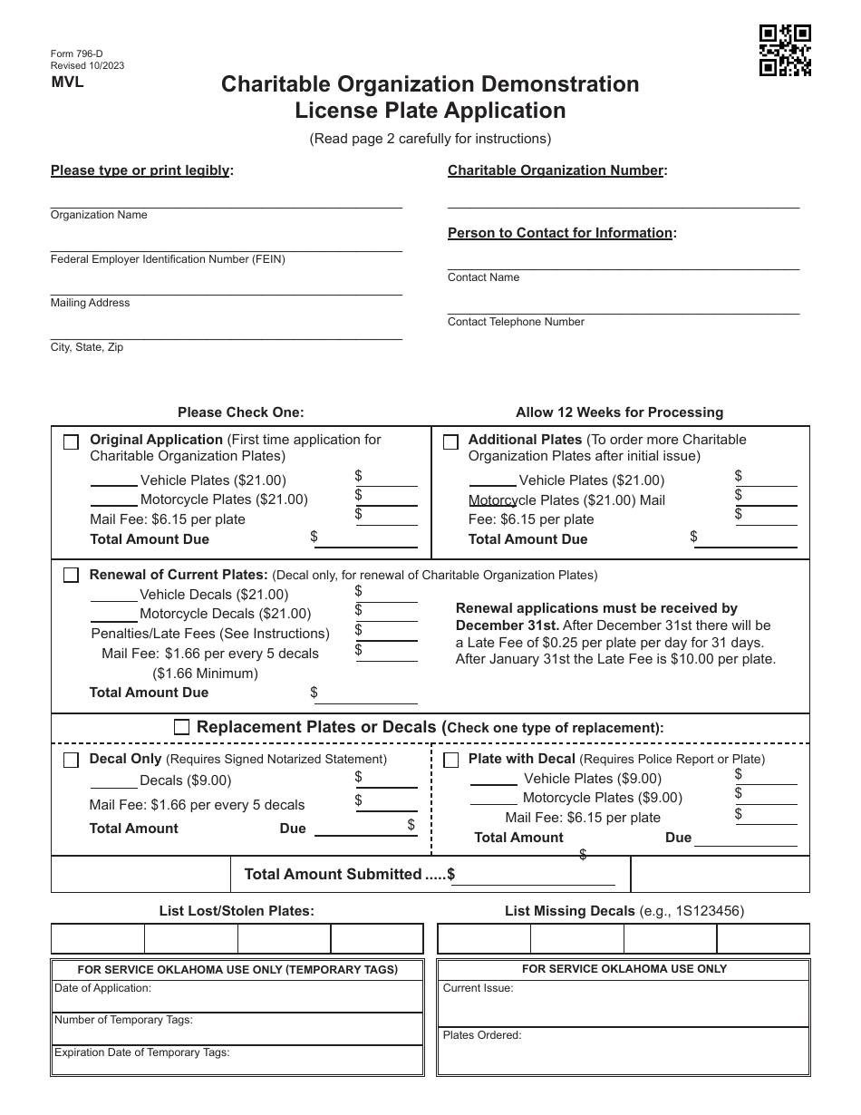 Form 796-D Charitable Organization Demonstration License Plate Application - Oklahoma, Page 1