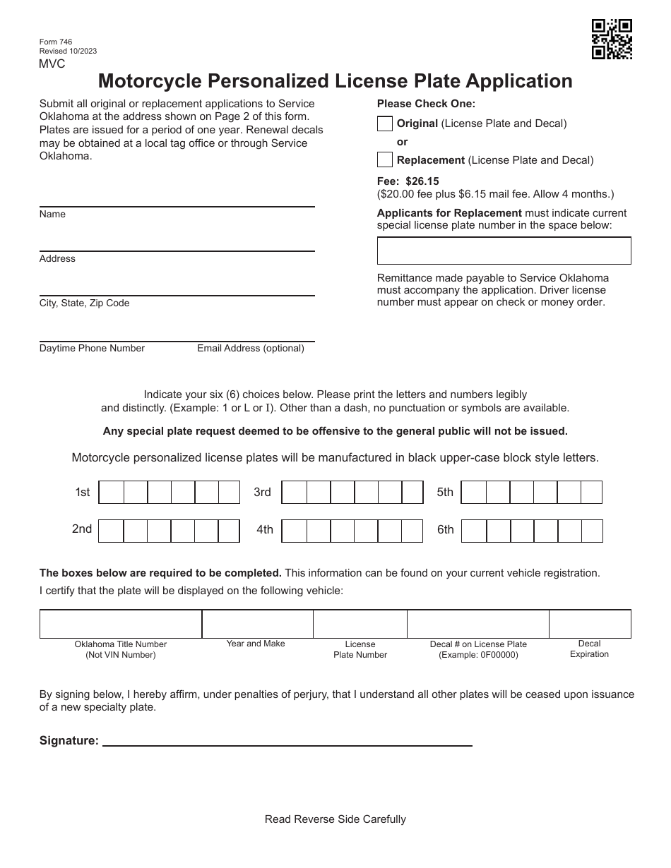 Form 746 Motorcycle Personalized License Plate Application - Oklahoma, Page 1