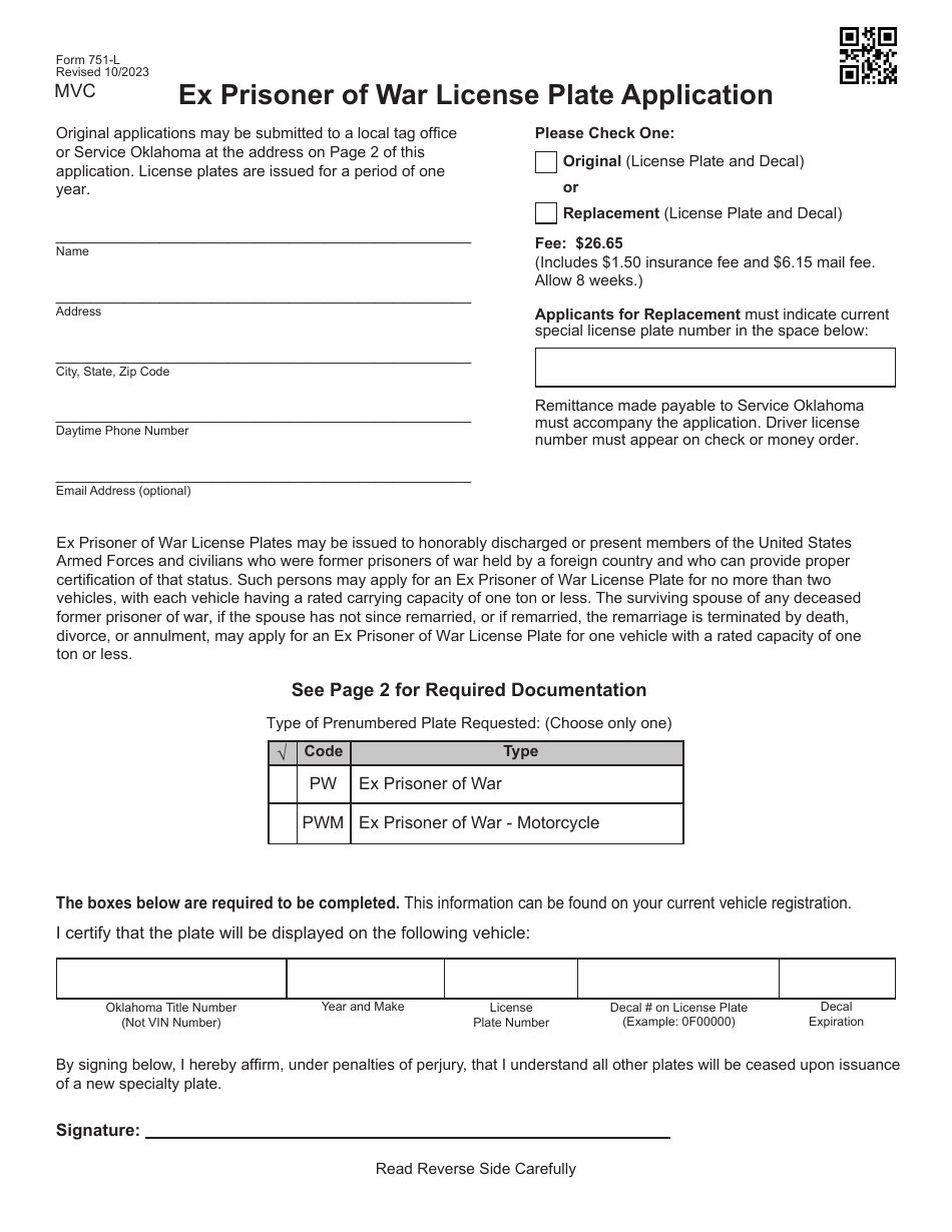 Form 751-L Ex Prisoner of War License Plate Application - Oklahoma, Page 1