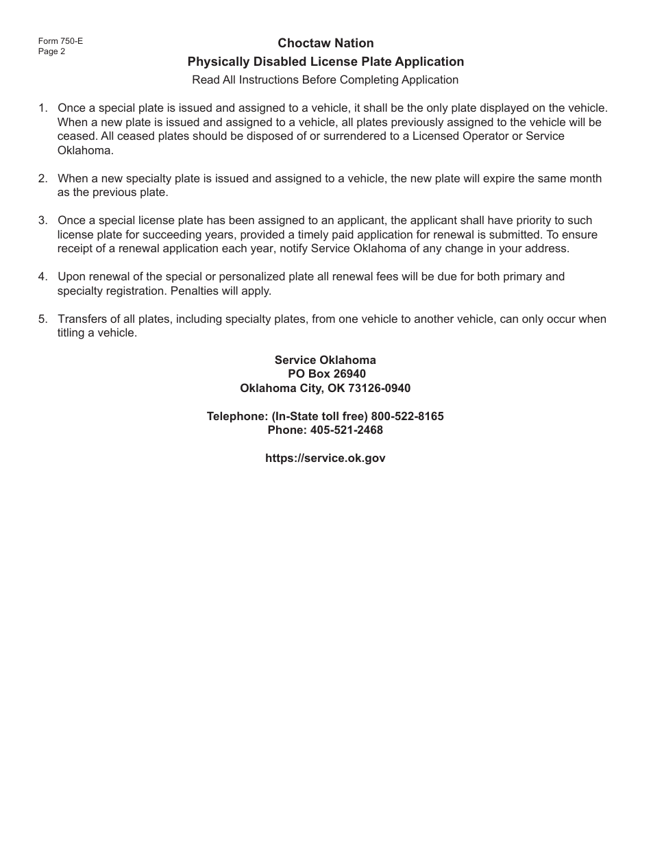 Form 750-E Choctaw Nation Physically Disabled License Plate Application - Oklahoma, Page 2