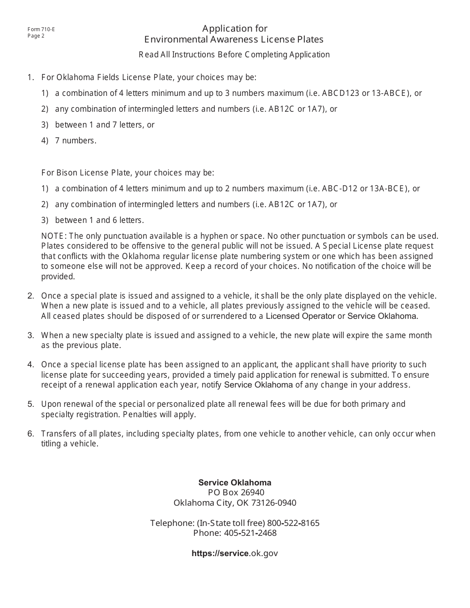 Form 710-E Environmental Awareness License Plate Application - Oklahoma, Page 2