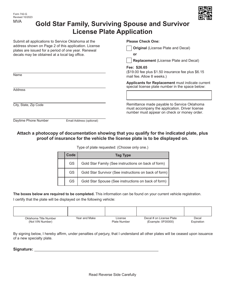 Form 742-G Gold Star Family, Surviving Spouse and Survivor License Plate Application - Oklahoma, Page 1
