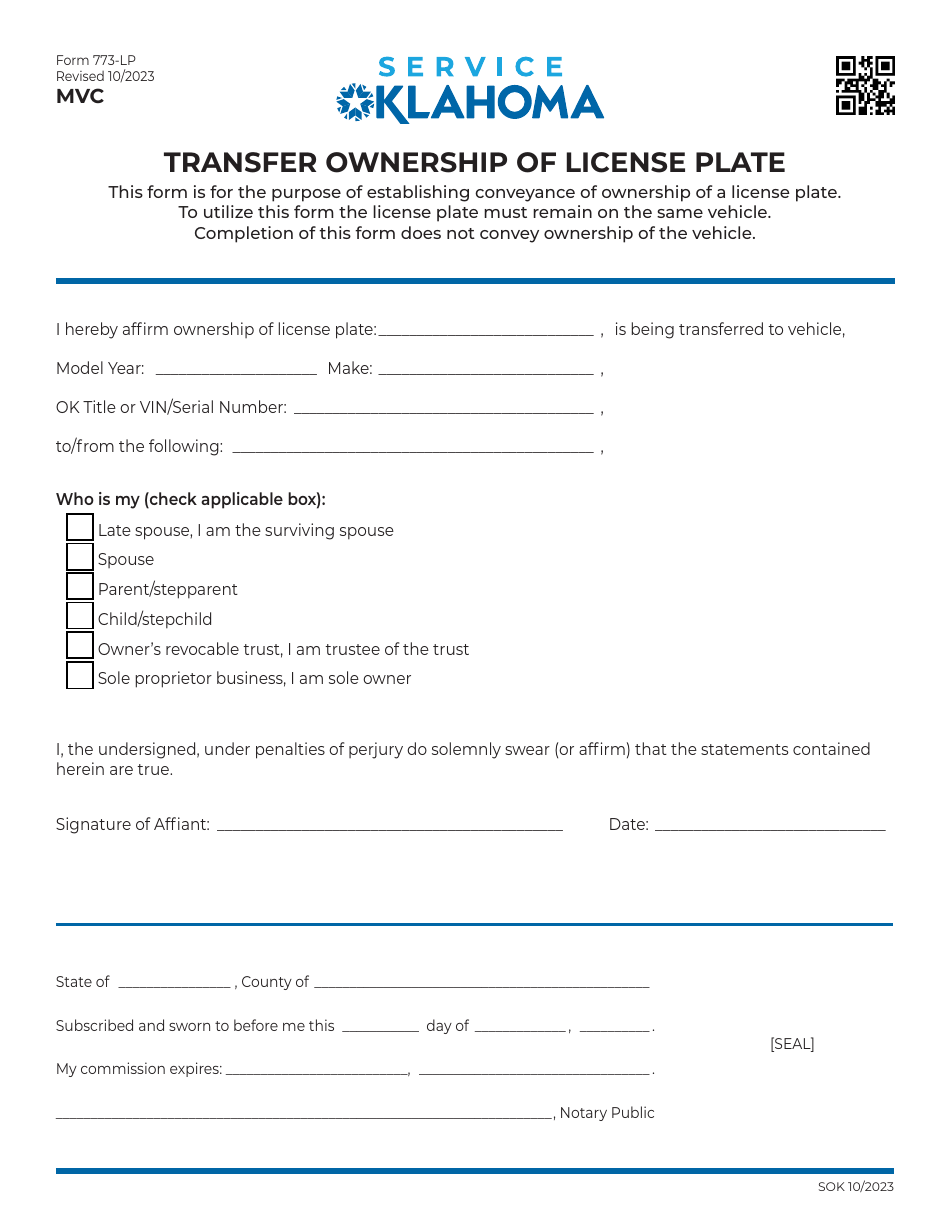 Form 773-LP Transfer Ownership of License Plate - Oklahoma, Page 1