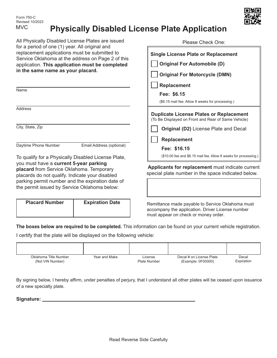 Form 750 C Download Fillable PDF Or Fill Online Physically Disabled   Form 750 C Physically Disabled License Plate Application Oklahoma Print Big 