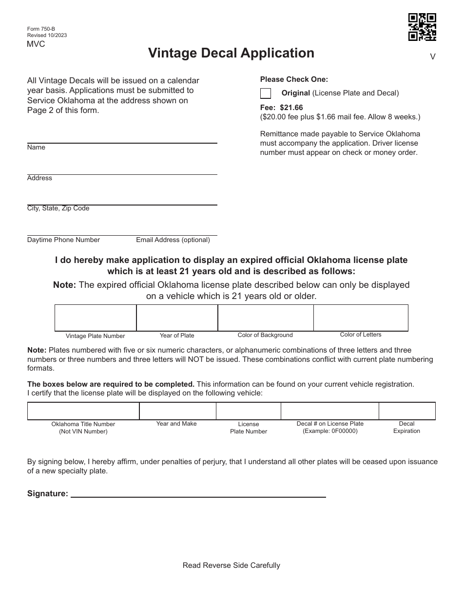 Form 750-B Vintage Decal Application - Oklahoma, Page 1