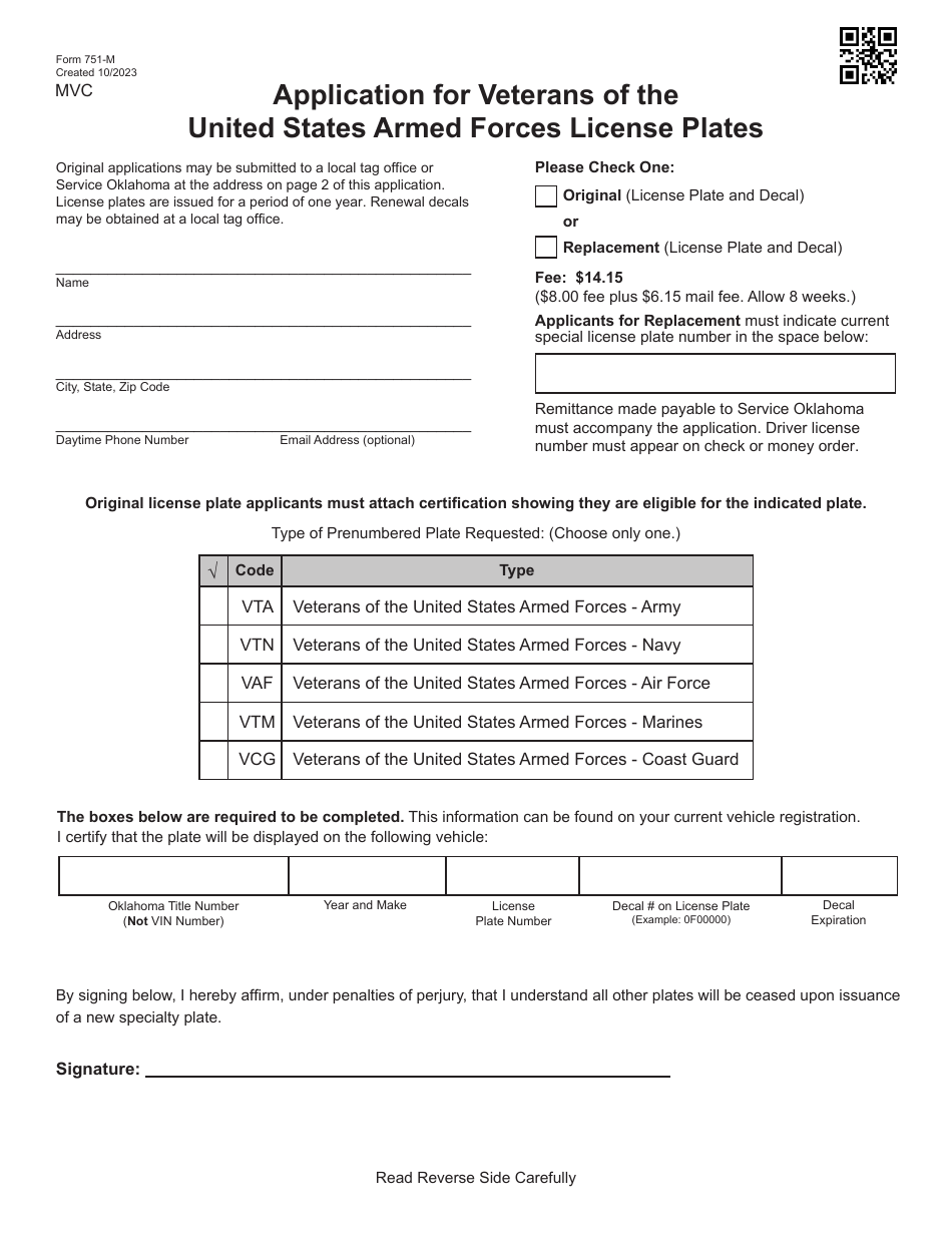 Form 751-M Application for Veterans of the United States Armed Forces License Plates - Oklahoma, Page 1