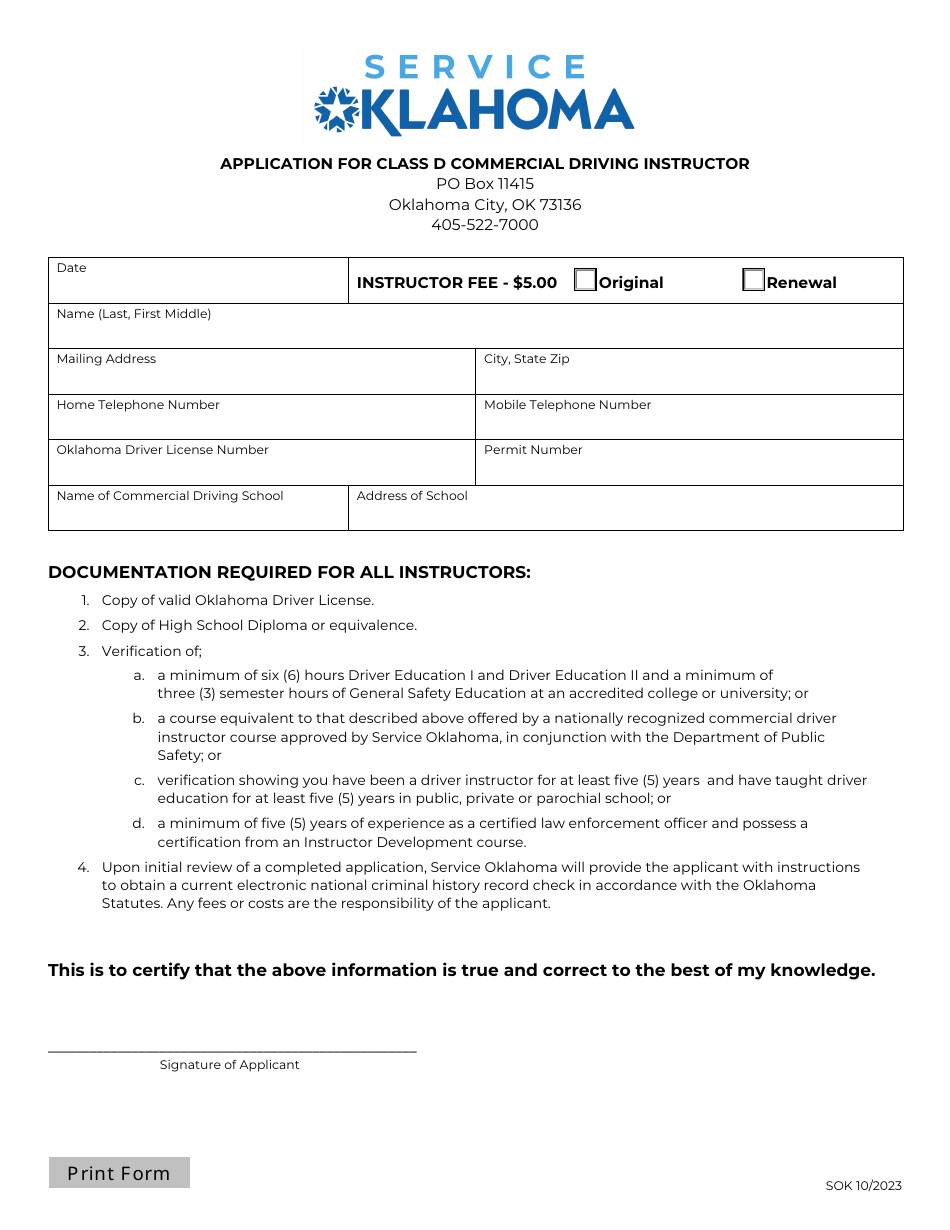 Application for Class D Commercial Driving Instructor - Oklahoma, Page 1