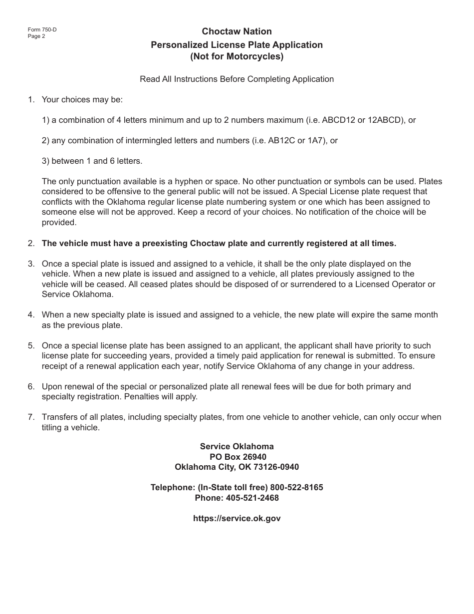 Form 750-D Choctaw Nation Personalized License Plate Application (Not for Motorcycles) - Oklahoma, Page 2