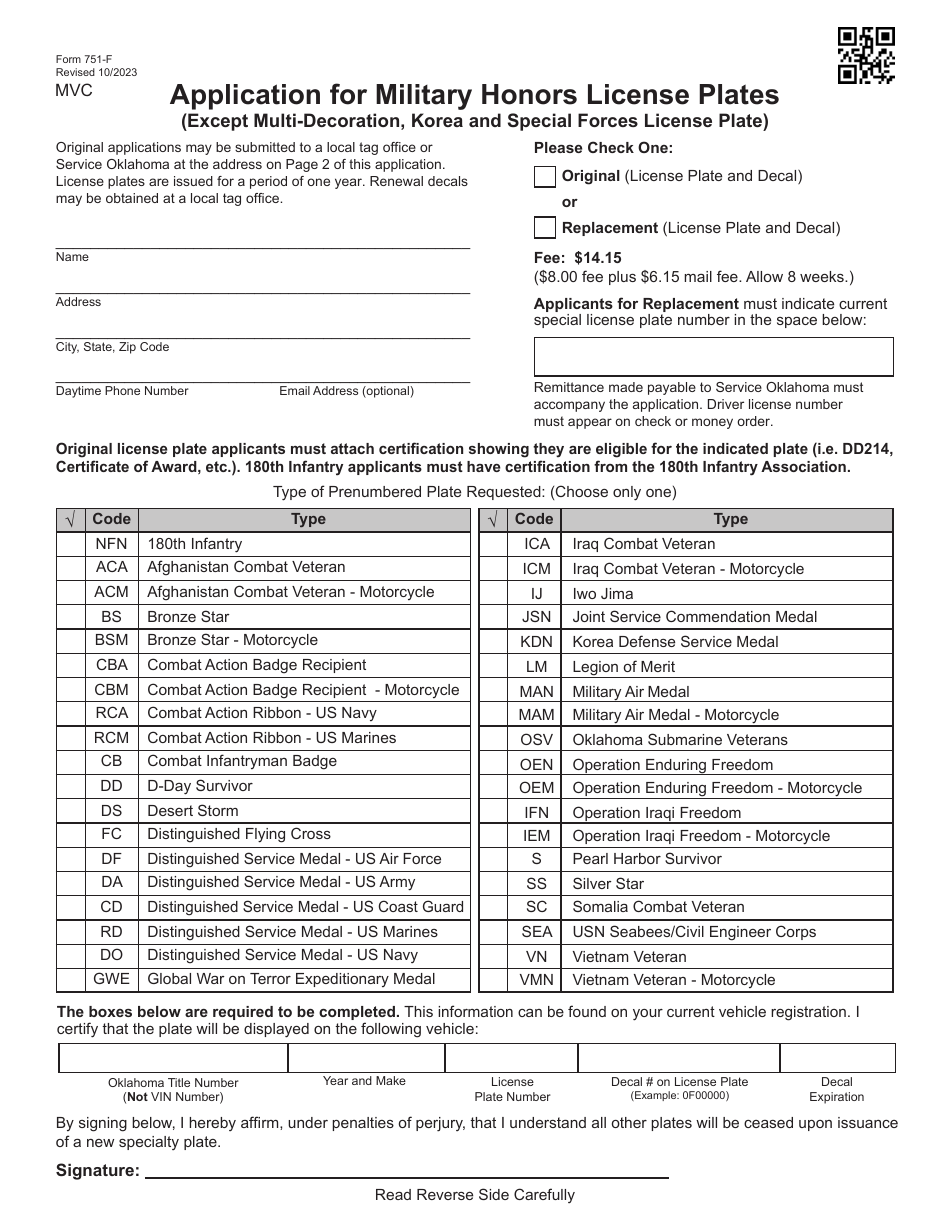 Form 751-F Application for Military Honors License Plates (Except Multi-Decoration, Korea and Special Forces License Plate) - Oklahoma, Page 1