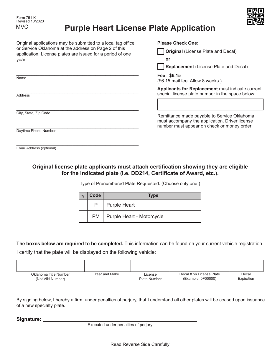 Form 751-K Purple Heart License Plate Application - Oklahoma, Page 1