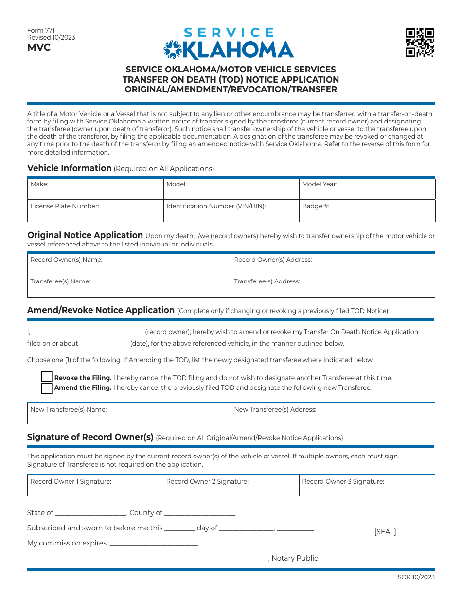 Form 771 Transfer Upon Death (Tod) Notice Application - Original / Amendment / Revocation / Transfer - Oklahoma, Page 1