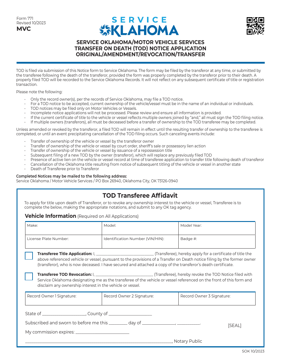 Form 771 Transfer Upon Death (Tod) Notice Application - Original / Amendment / Revocation / Transfer - Oklahoma, Page 2