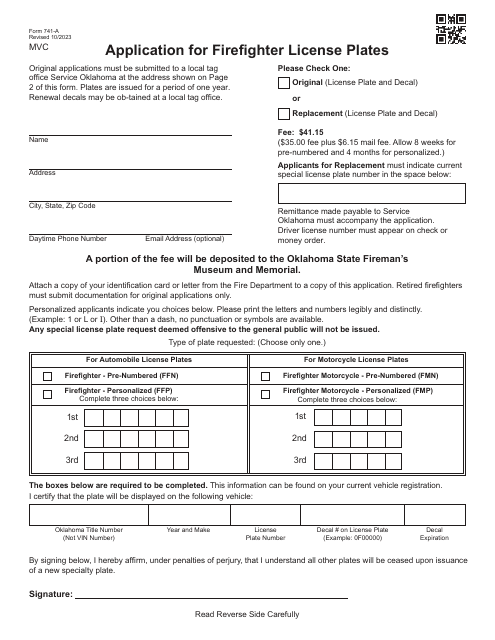 Form 741-A Application for Firefighter License Plates - Oklahoma