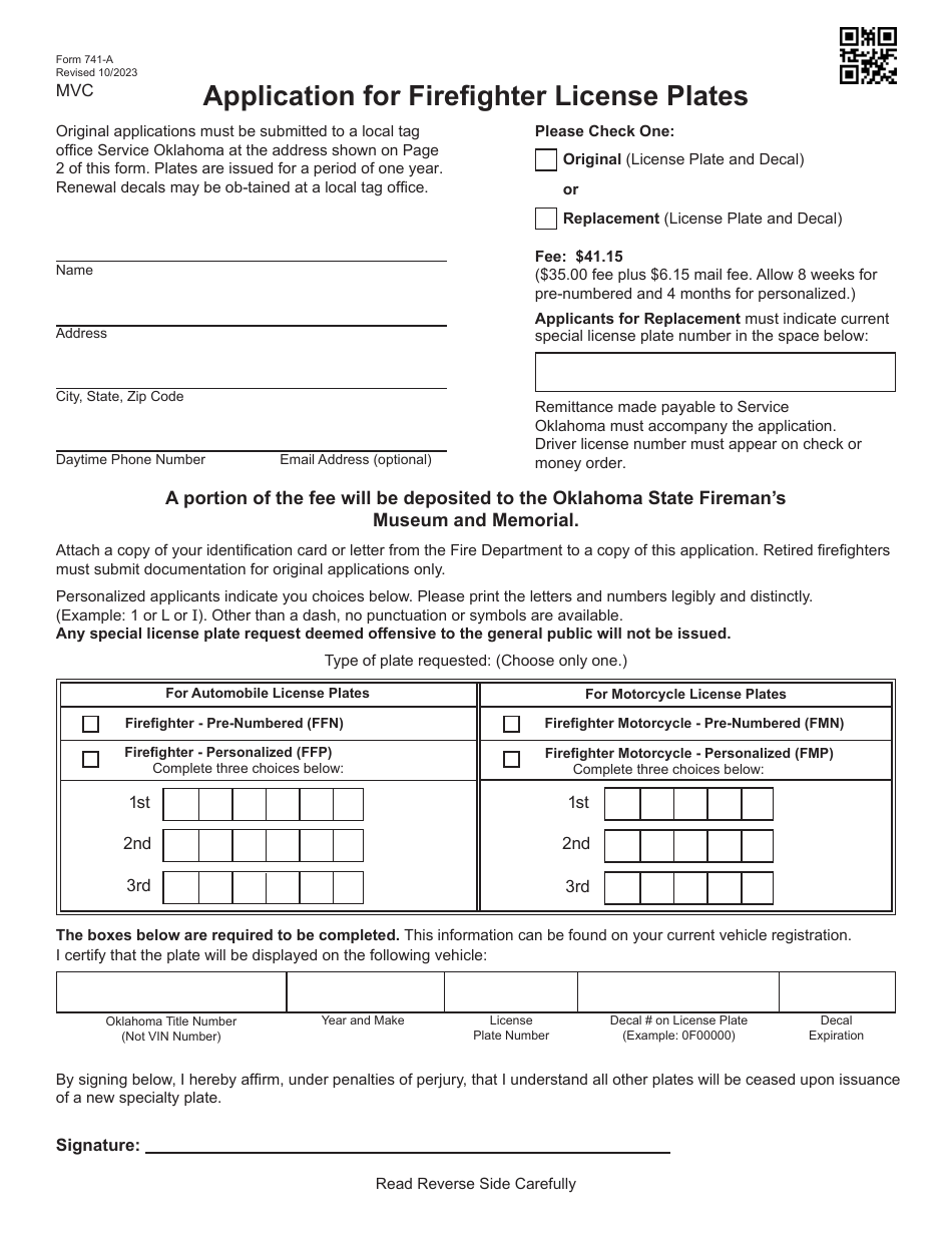 Form 741-A Application for Firefighter License Plates - Oklahoma, Page 1