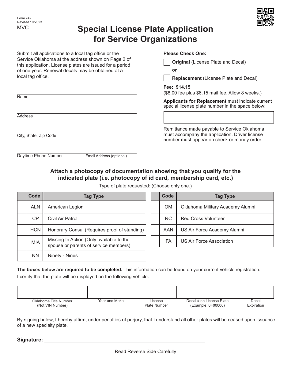 Form 742 Download Fillable PDF or Fill Online Special License Plate
