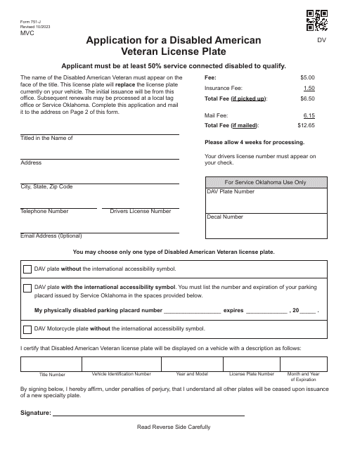 Form 751-J Application for a Disabled American Veteran License Plate - Oklahoma