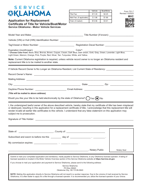 Form 701-7 Application for Replacement Certificate of Title for Vehicle/Boat/Motor - Oklahoma