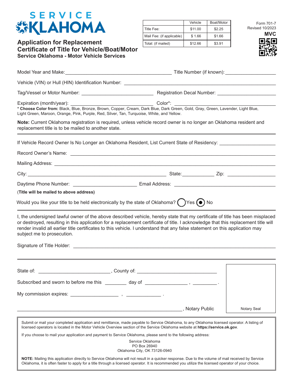Form 701-7 Application for Replacement Certificate of Title for Vehicle / Boat / Motor - Oklahoma, Page 1