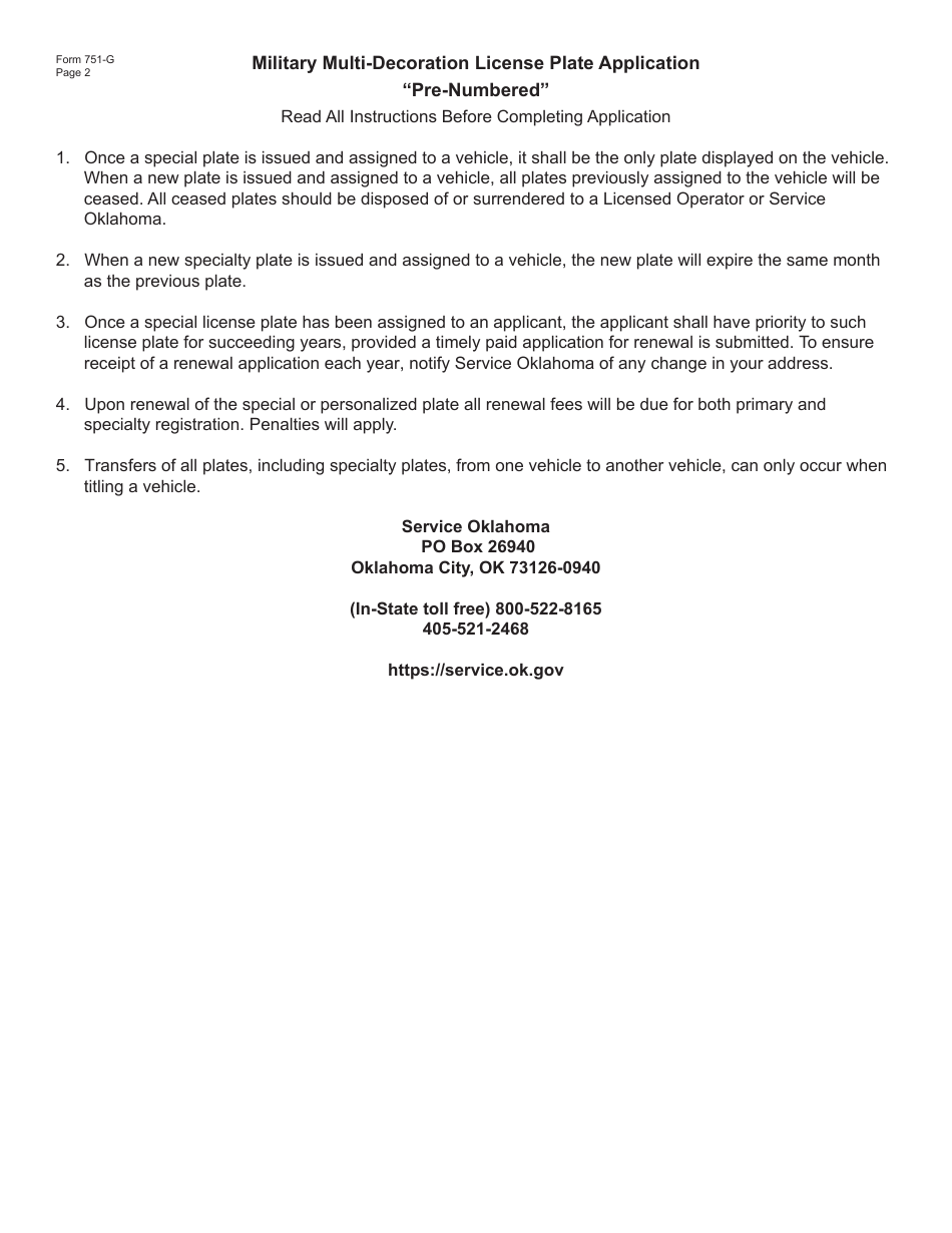 Form 751-G Military Multi-Decoration License Plate Application pre-Numbered - Oklahoma, Page 2