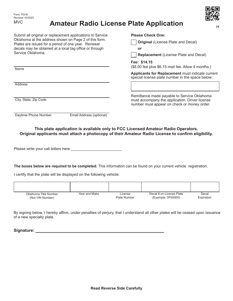 Form 742-B Amateur Radio License Plate Application - Oklahoma, Page 1