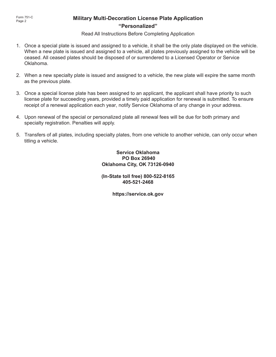 Form 751-C Military Multi-Decoration License Plate Application personalized - Oklahoma, Page 2