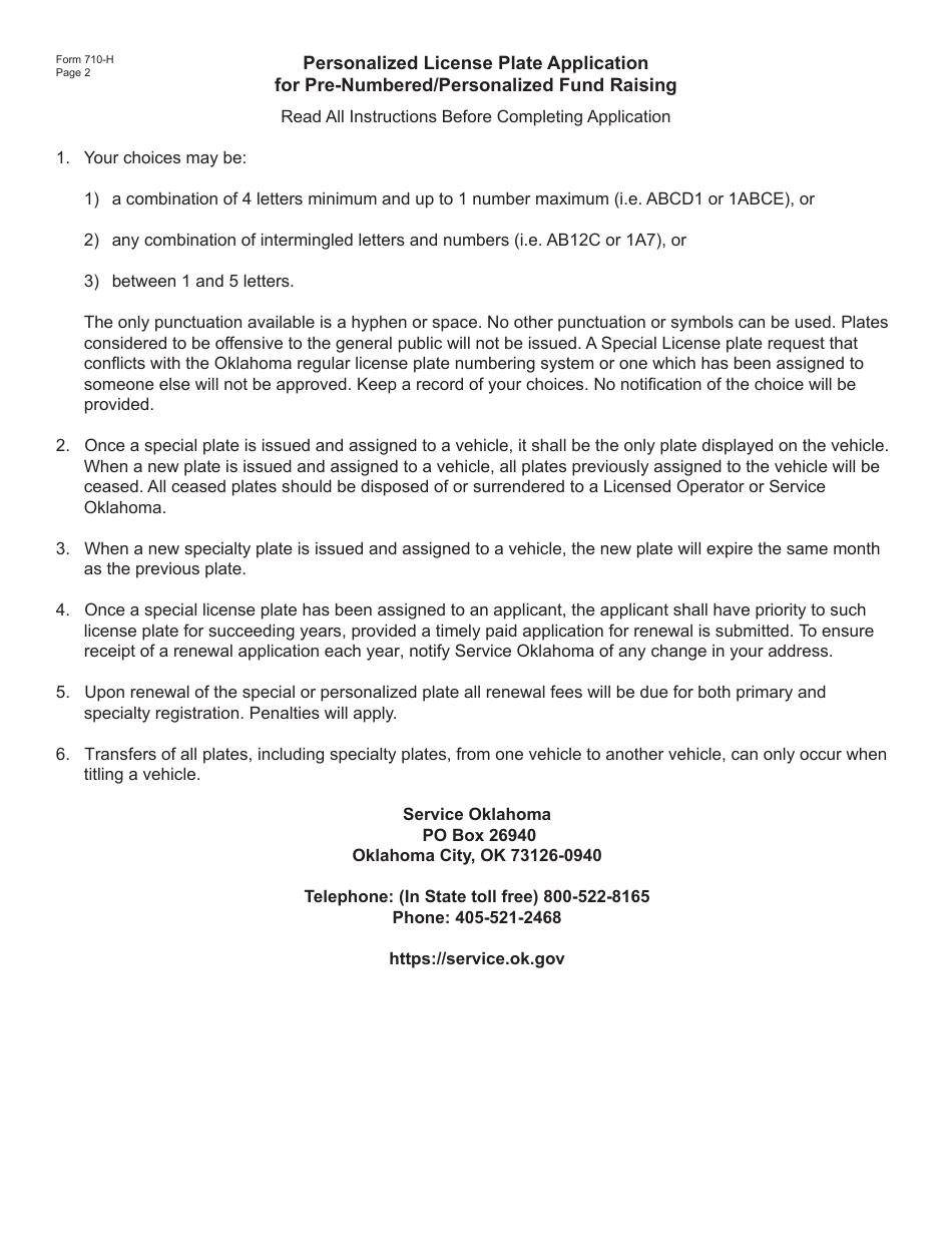 Form 710-H Personalized License Plate Application for Pre-numbered / Personalized Fund Raising - Oklahoma, Page 2