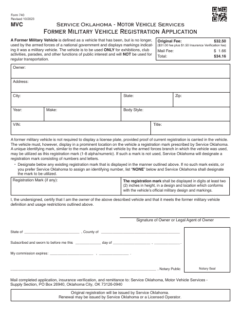 Form 740 Former Military Vehicle Registration Application - Oklahoma