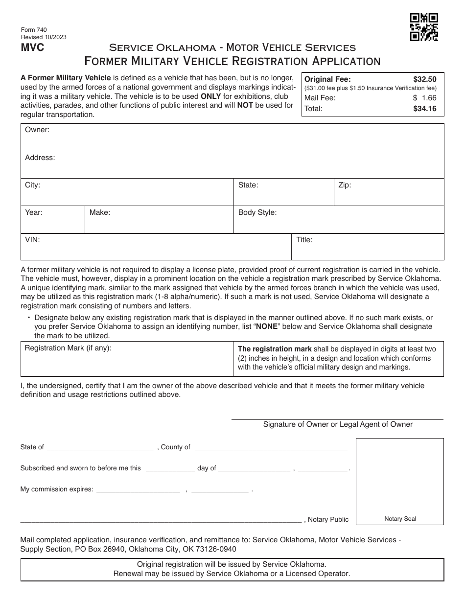 Form 740 Former Military Vehicle Registration Application - Oklahoma, Page 1