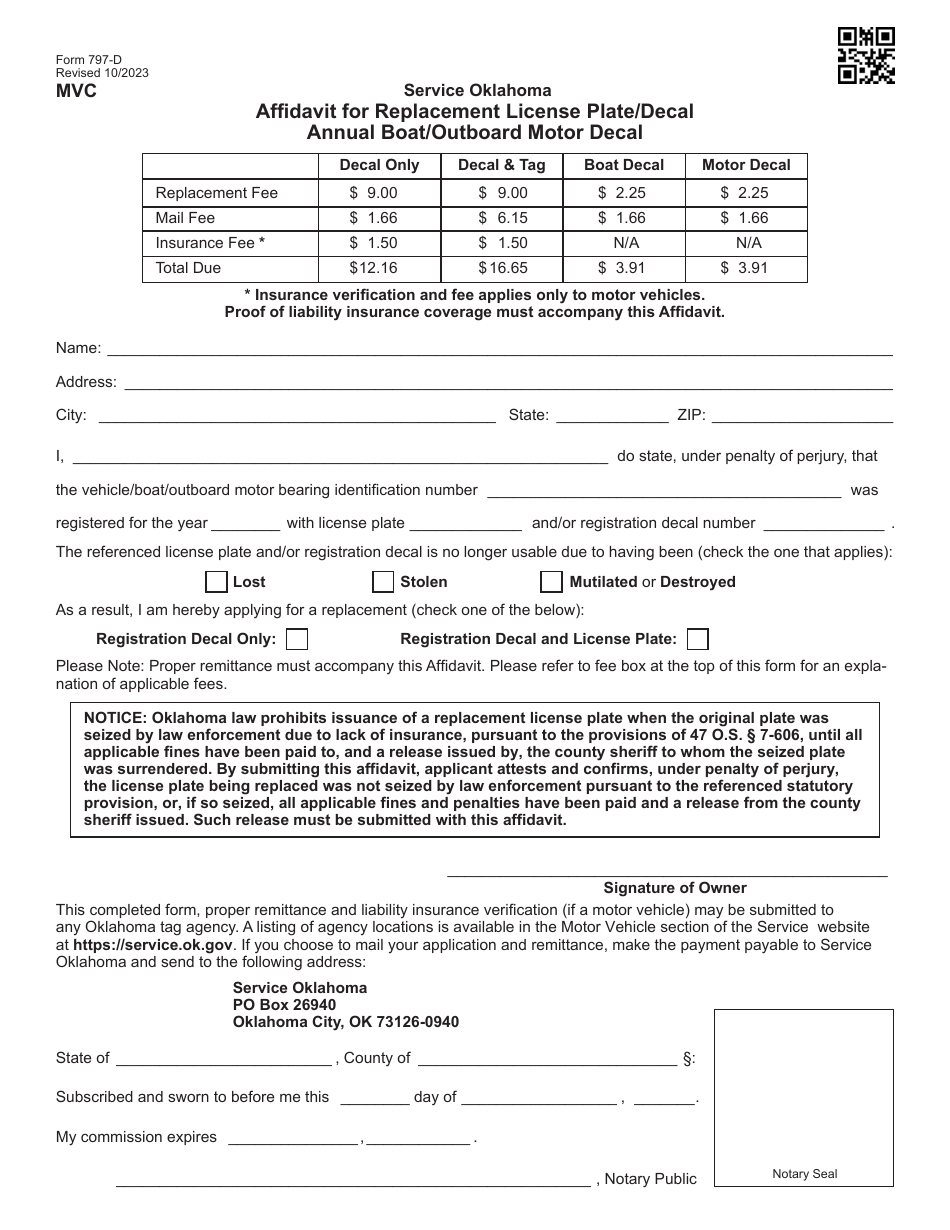 Form 797-D Affidavit for Replacement License Plate / Decal Annual Boat / Outboard Motor Decal - Oklahoma, Page 1