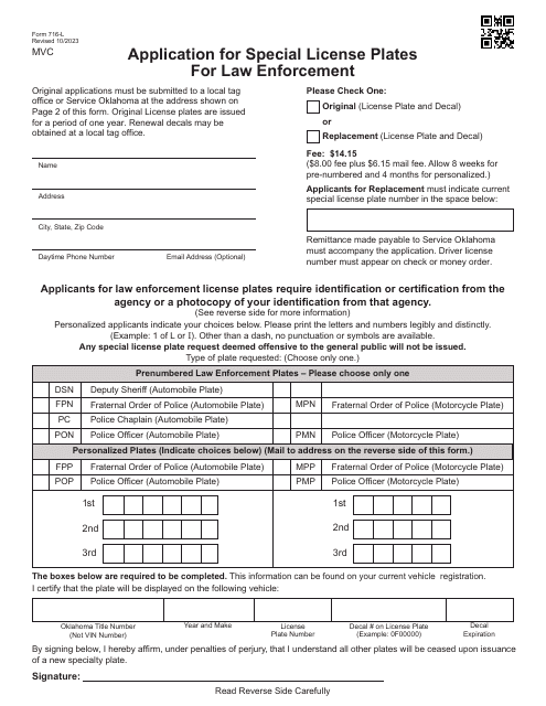 Form 716-L Application for Special License Plates for Law Enforcement - Oklahoma