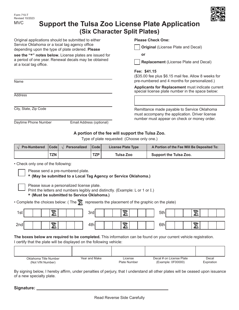 Form 710-T Support the Tulsa Zoo License Plate Application (Six Character Split Plates) - Oklahoma, Page 1