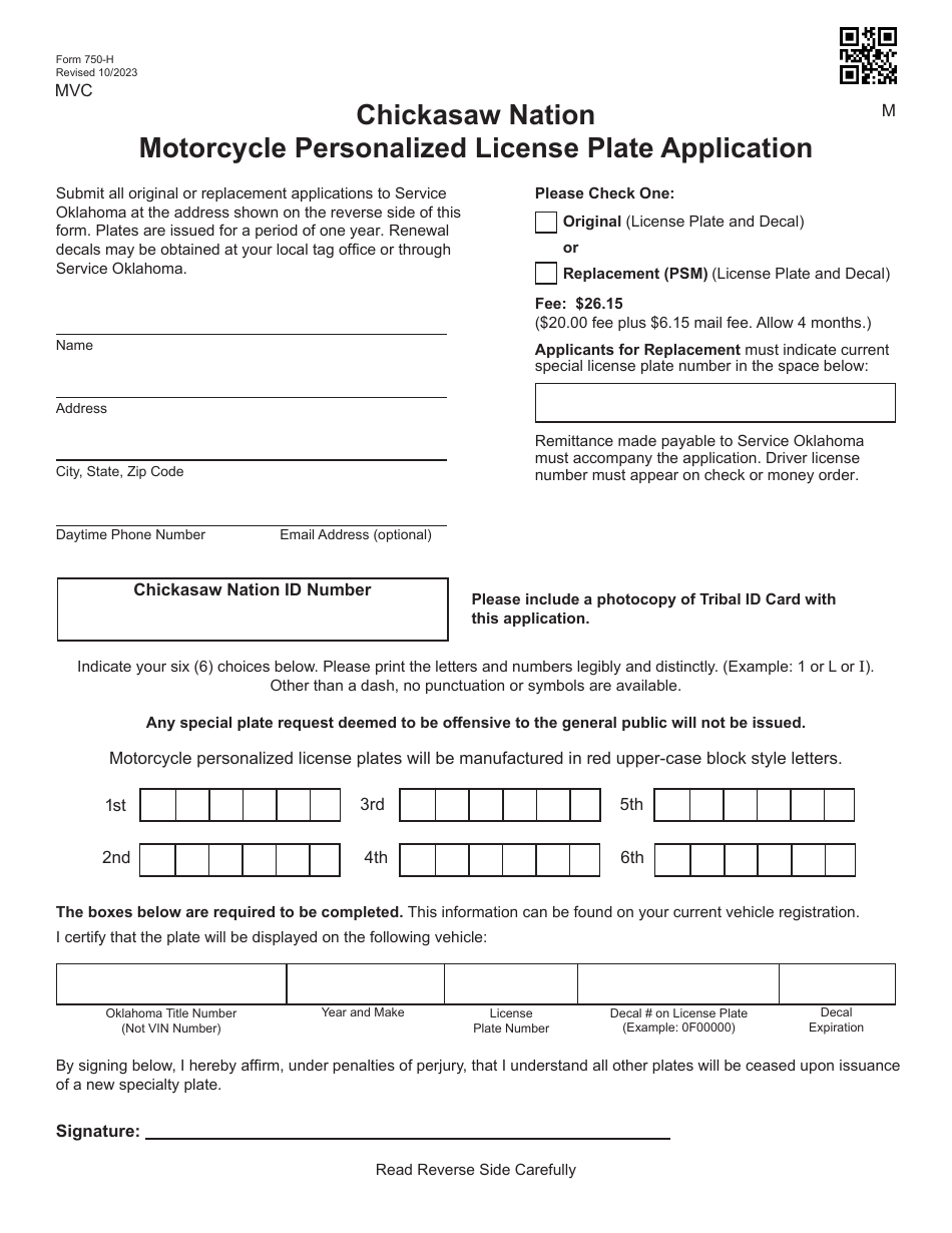 Form 750-H Chickasaw Nation Motorcycle Personalized License Plate Application - Oklahoma, Page 1