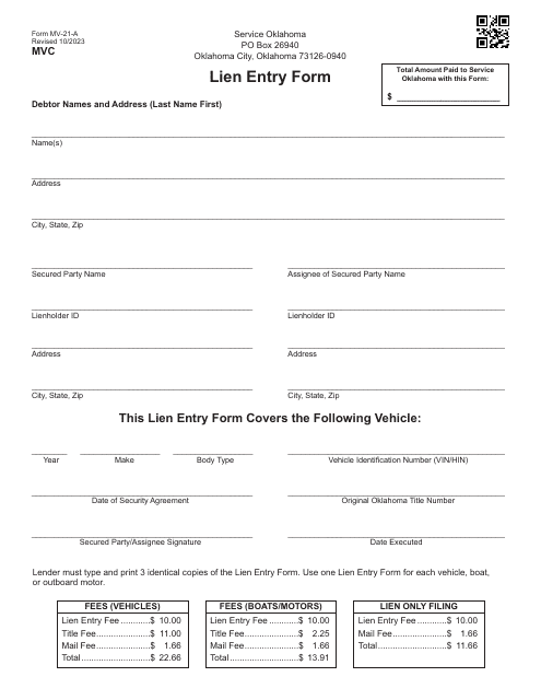 Form MV-21-A Lien Entry Form - Oklahoma