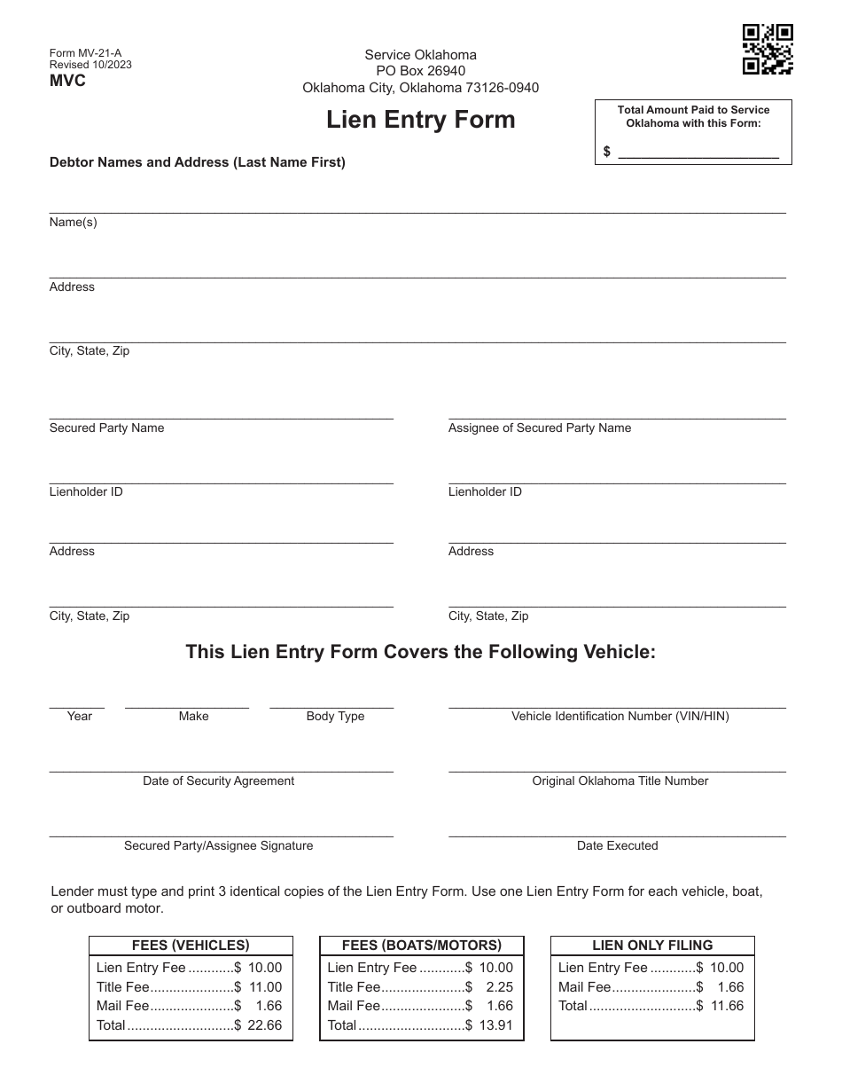 Form MV-21-A Lien Entry Form - Oklahoma, Page 1