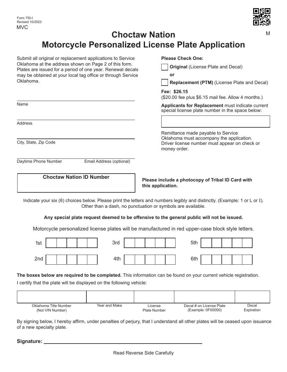 Form 750-I Choctaw Nation Motorcycle Personalized License Plate Application - Oklahoma, Page 1