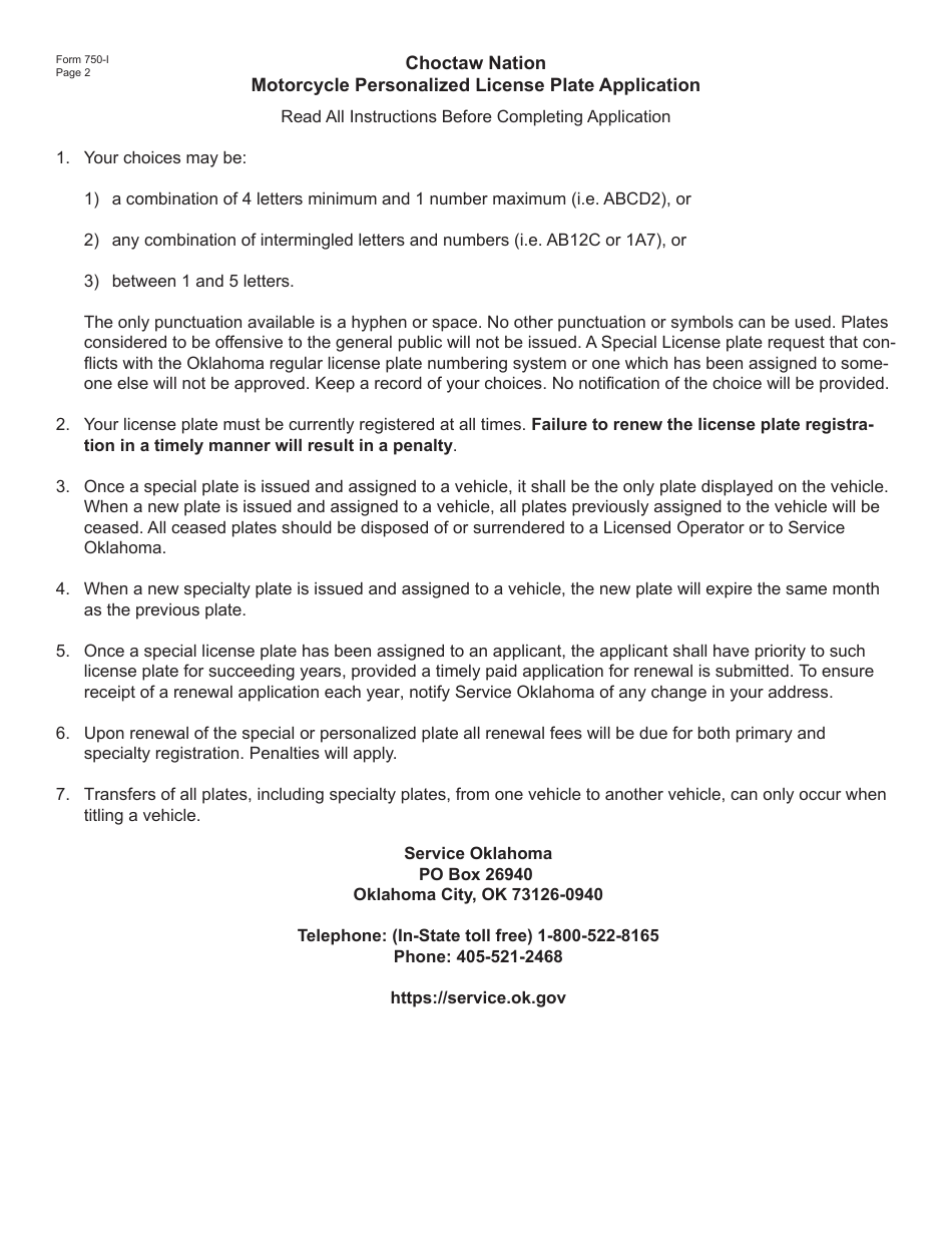 Form 750-I Choctaw Nation Motorcycle Personalized License Plate Application - Oklahoma, Page 2