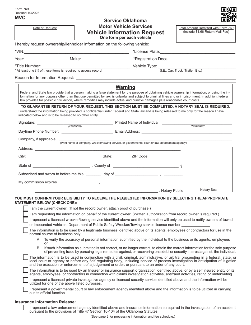 Form 769 Vehicle Information Request - Oklahoma, Page 1