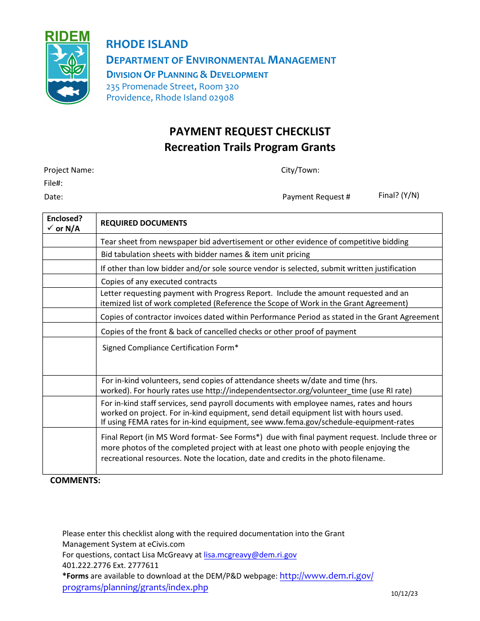 Payment Request Checklist - Recreation Trails Program Grants - Rhode Island, Page 1
