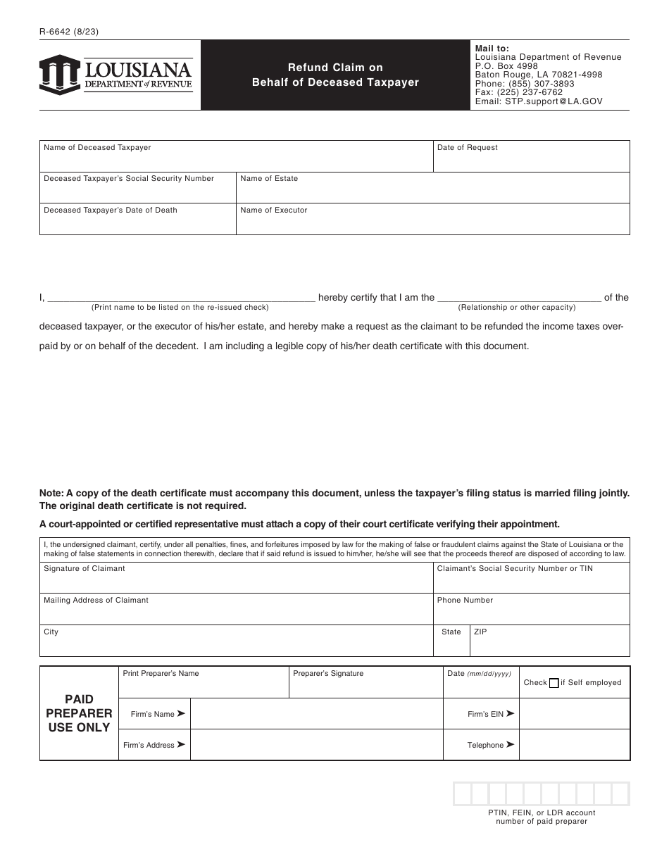 Form R-6642 Refund Claim on Behalf of Deceased Taxpayer - Louisiana, Page 1
