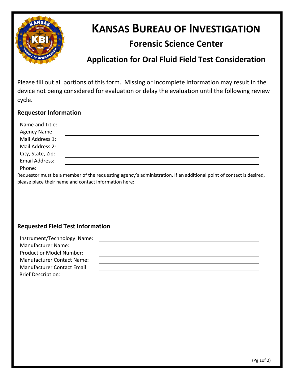 Application for Oral Fluid Field Test Consideration - Kansas, Page 1
