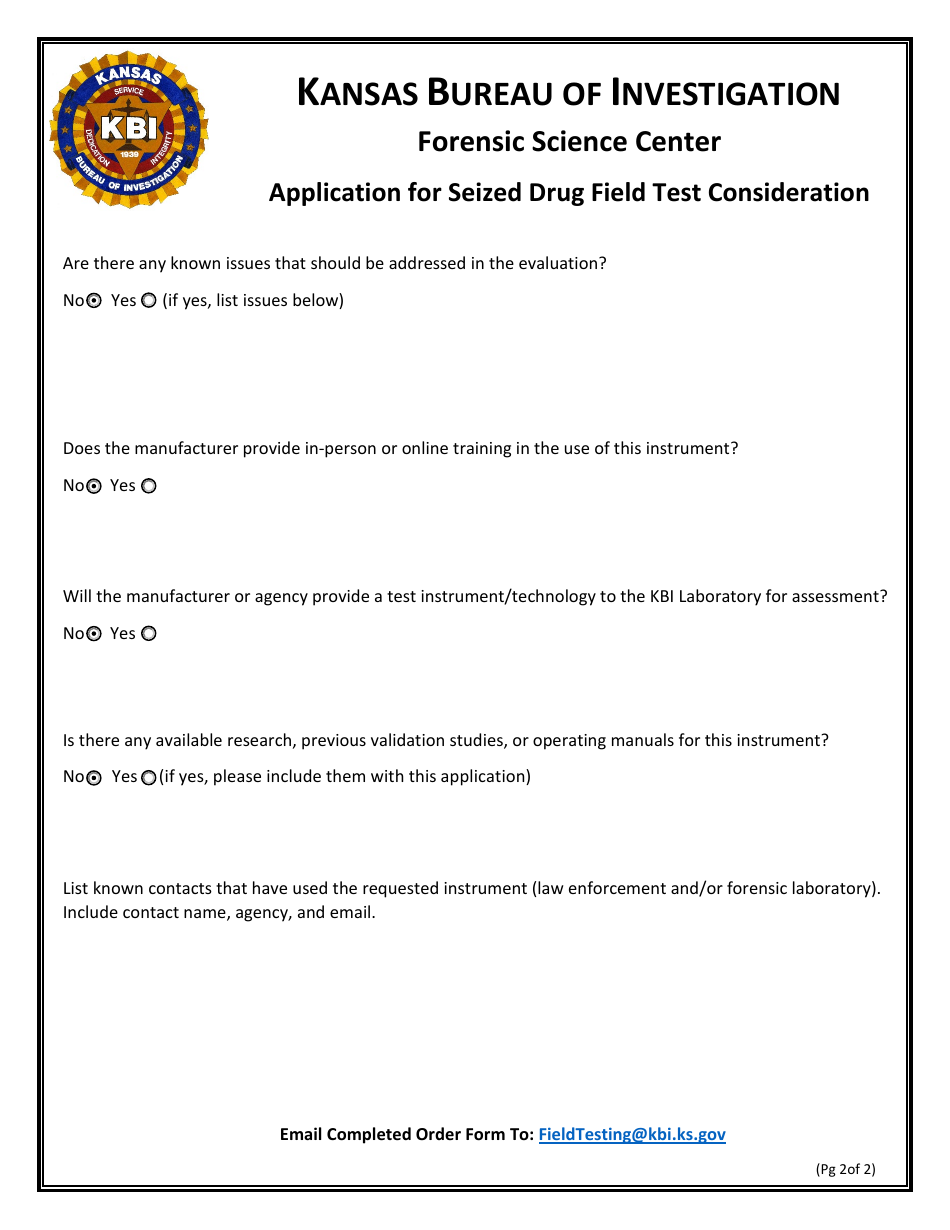 Application for Seized Drug Field Test Consideration - Kansas, Page 2